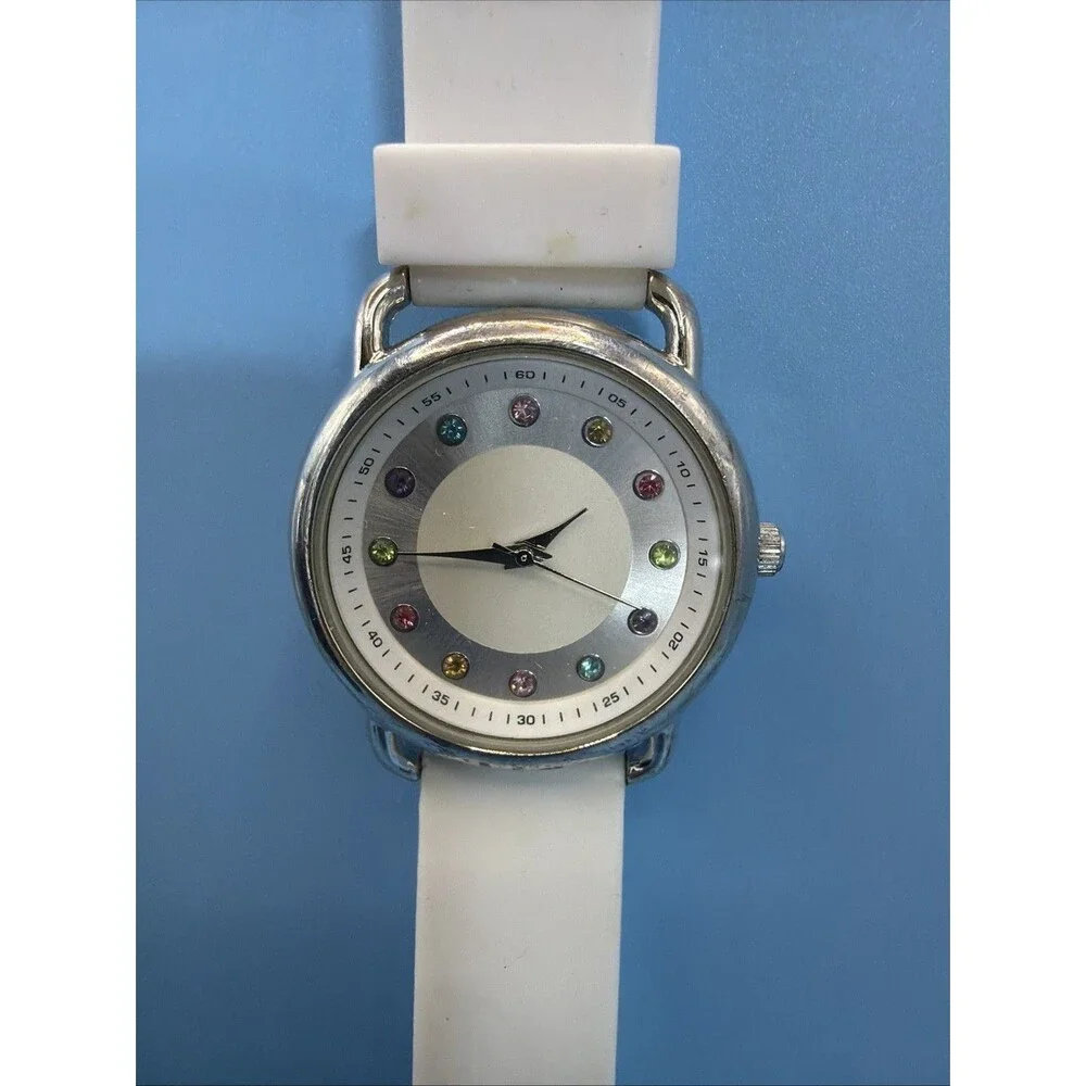 Women’s Quartz Watch White Strap Silver Case Multi-Color Rhinestone Markers SM